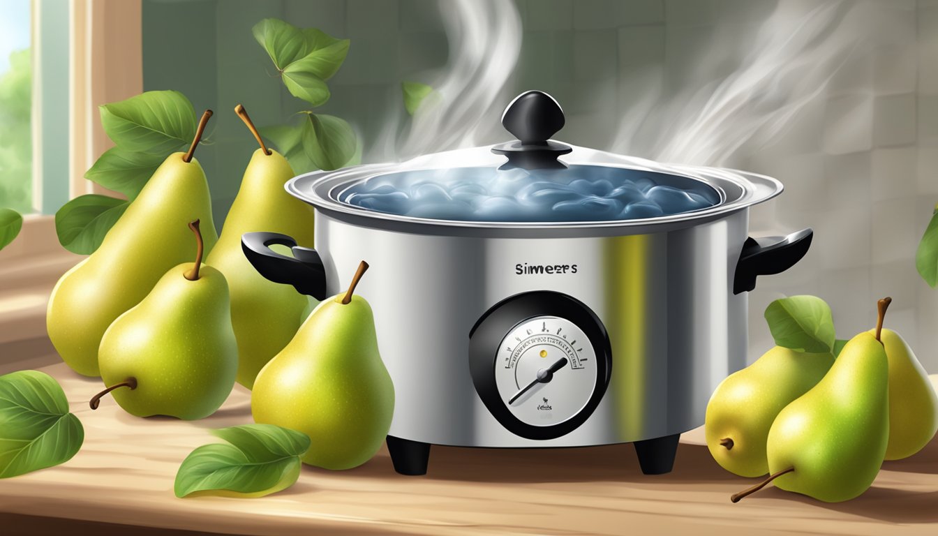 Fresh pears simmer in a pot of boiling water, releasing their sweet aroma as they soften for compotes and tarts