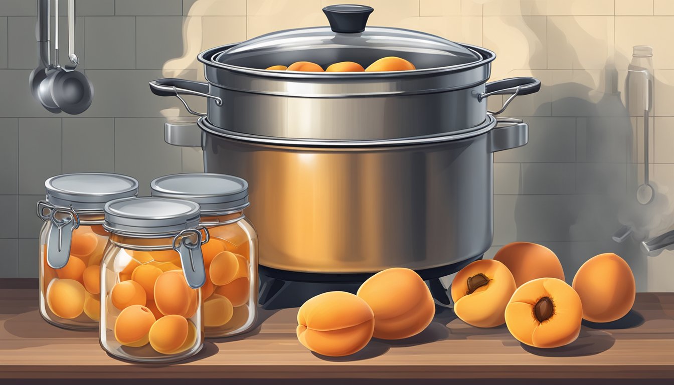 Fresh apricots boiling in a large pot on a stovetop, steam rising, with jars and canning equipment nearby