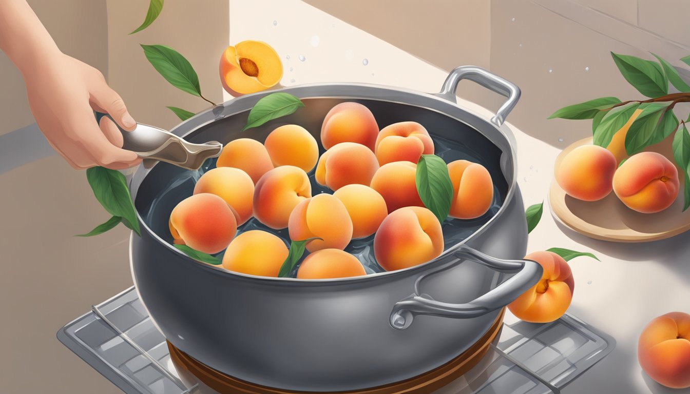 Fresh peaches being gently lowered into a pot of boiling water