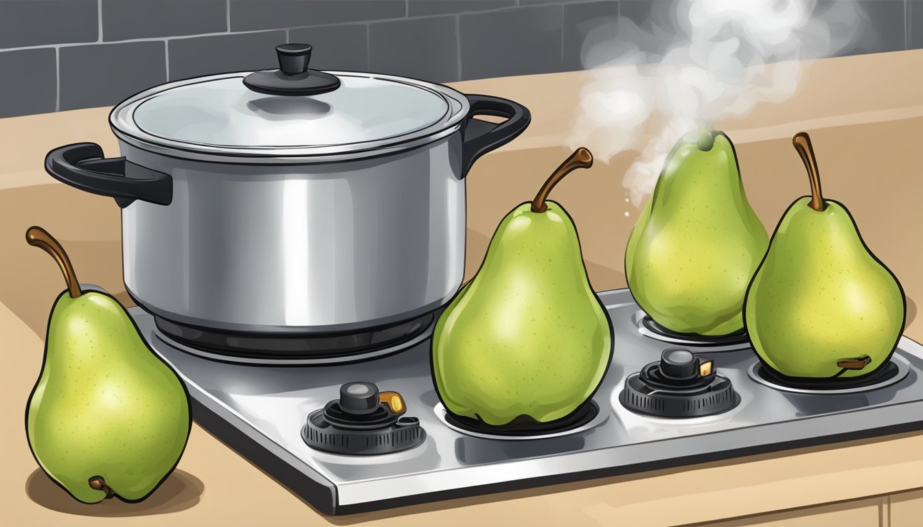 Fresh pears boiling in a pot on a stovetop, steam rising, with a timer set nearby