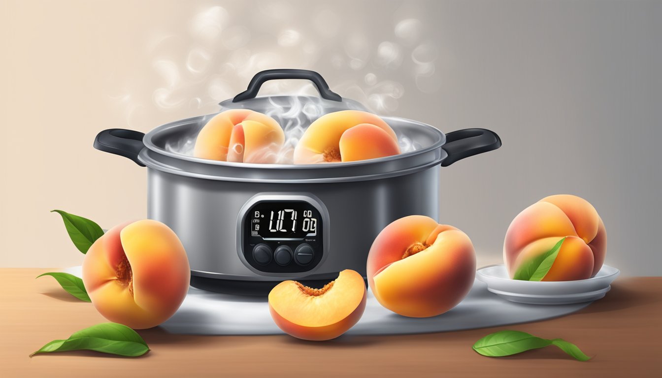 Fresh peaches in a pot of boiling water, steam rising, with a timer set nearby