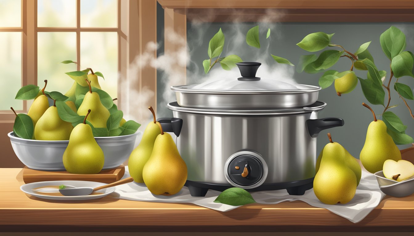 Fresh pears boiling in a pot, steam rising, surrounded by ingredients for compotes and tarts