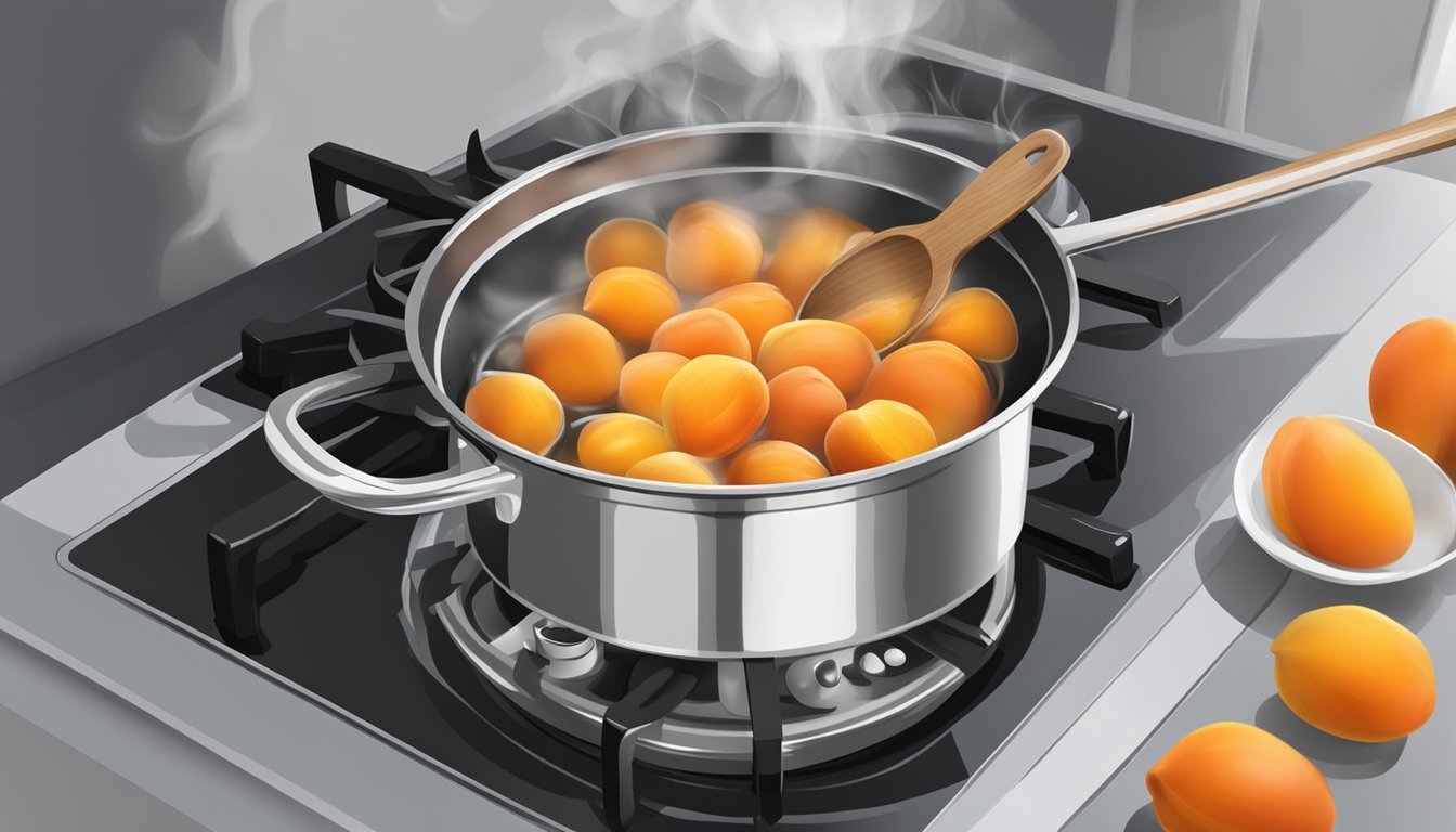 Fresh apricots boiling in a pot on a stove, with steam rising and a wooden spoon stirring the mixture