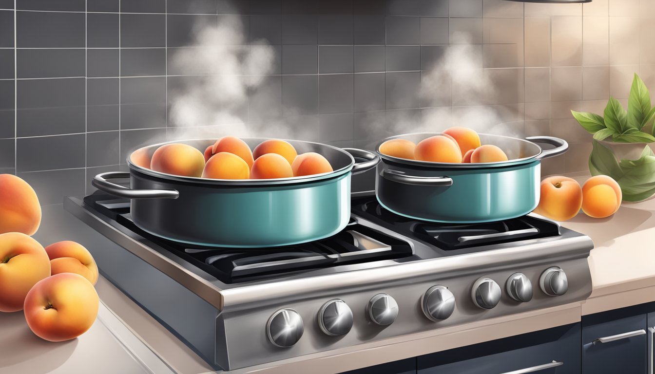 Fresh peaches boiling in a large pot on a stovetop, steam rising as they cook for preserves and desserts