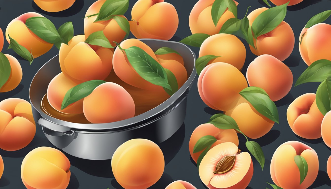 Fresh peaches being gently boiled in a pot of peach preserves, emitting a sweet aroma