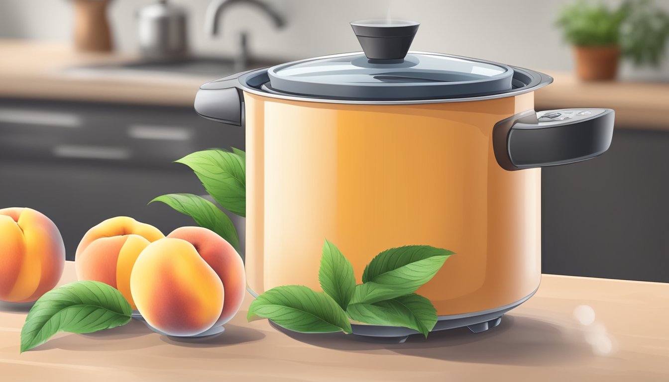 A pot of boiling water with fresh peaches and a timer next to it