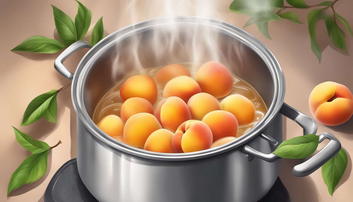 Fresh peaches simmer in a pot of boiling water, releasing their sweet aroma as they soften for preserves and desserts