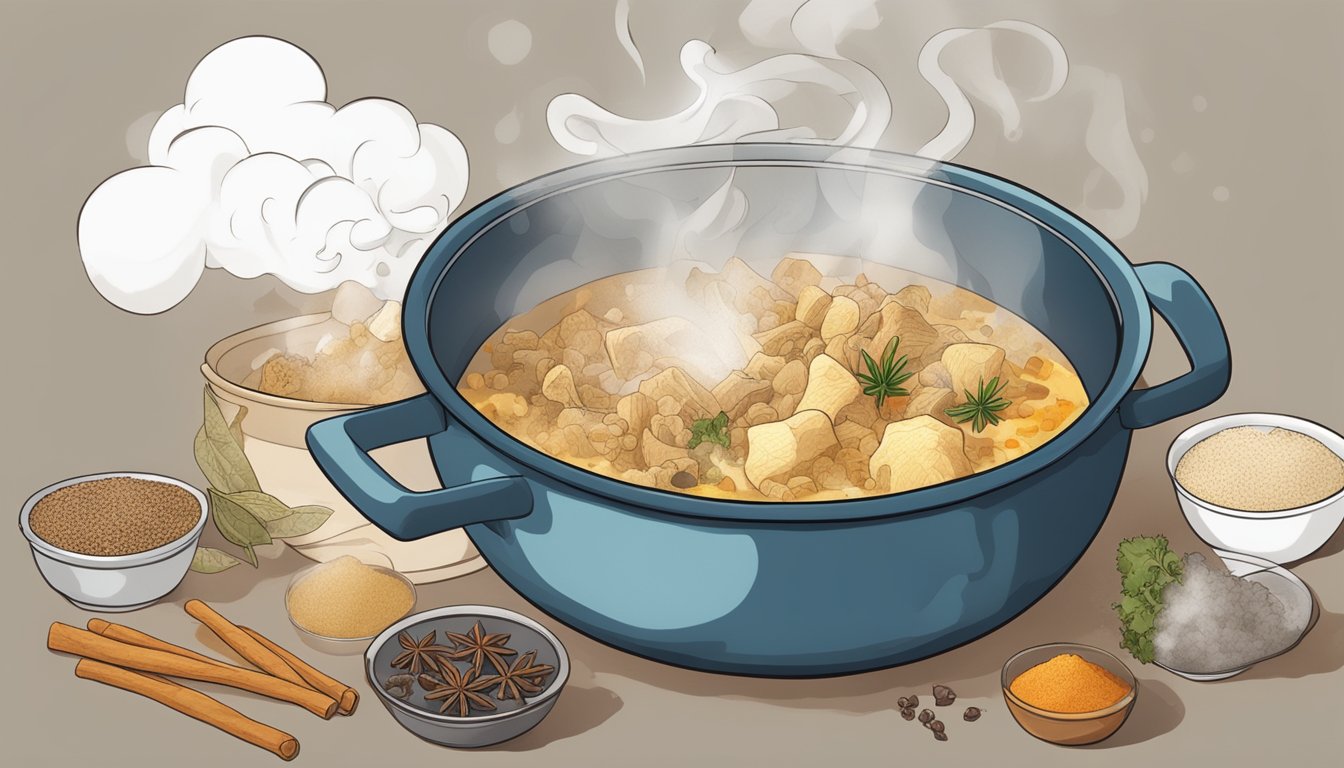 A large pot of boiling water with chunks of tripe simmering inside, steam rising from the surface. On the side, a bowl of spices and ingredients ready to be added