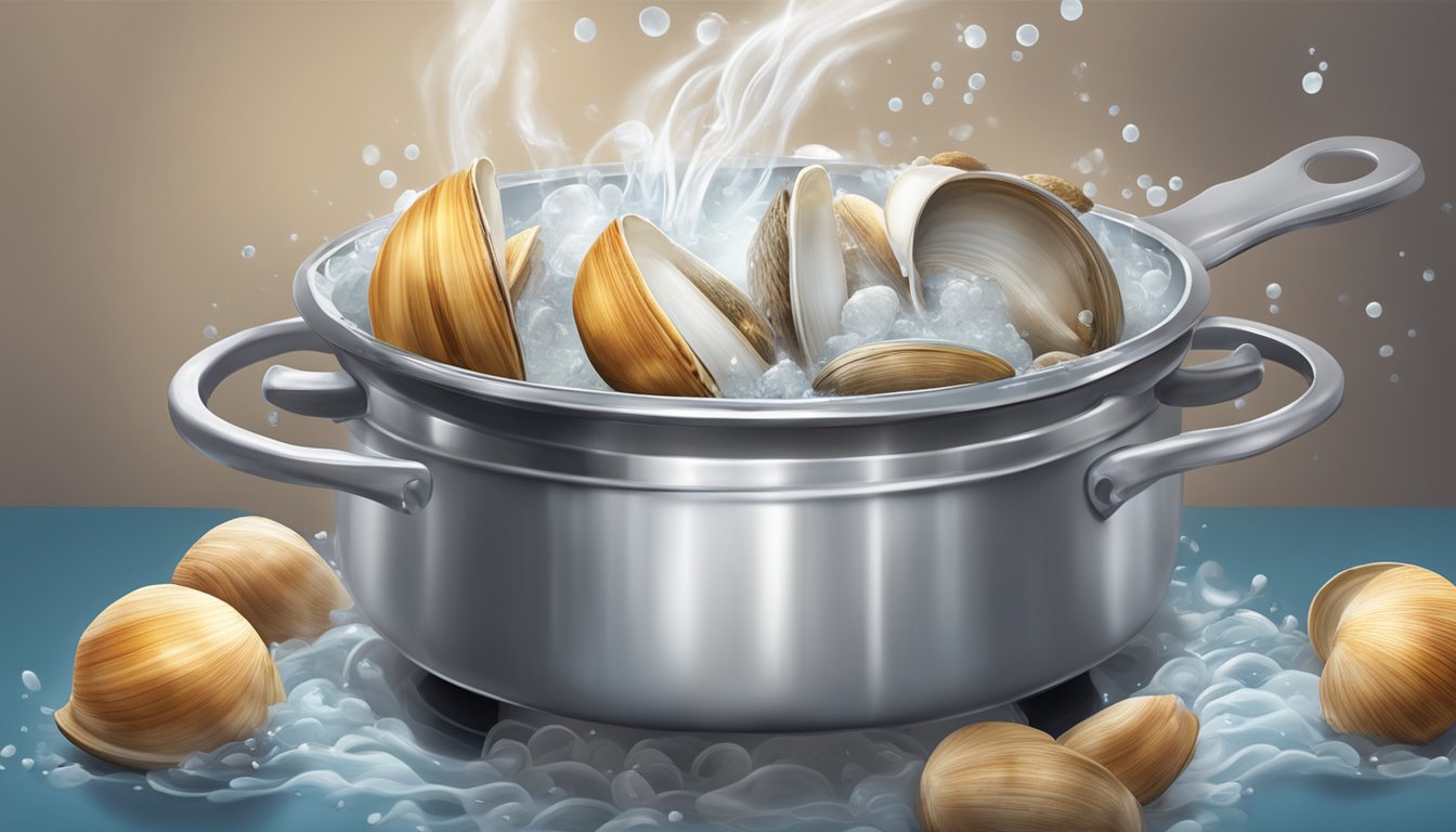 A pot of boiling water with fresh clams being dropped in