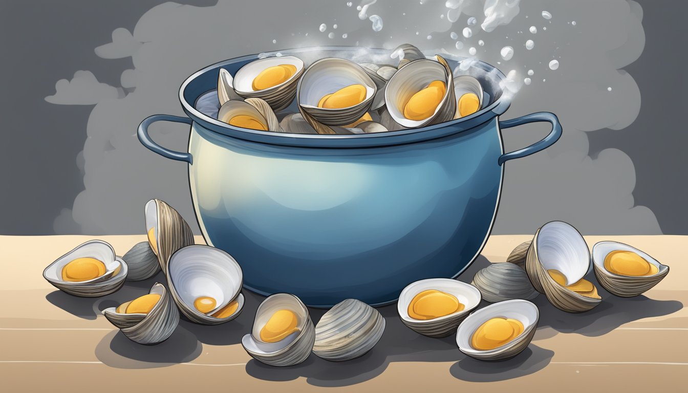 A pot of boiling water with fresh clams being dropped in