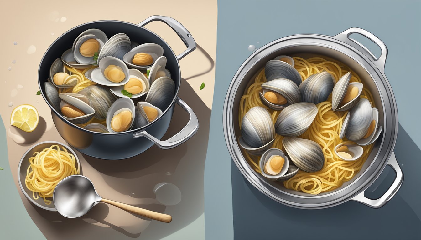 Fresh clams boiling in a pot of water, linguine cooking in another pot