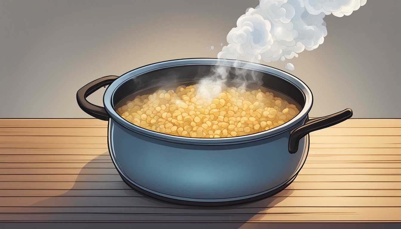 A large pot of boiling water with tripe simmering inside, steam rising