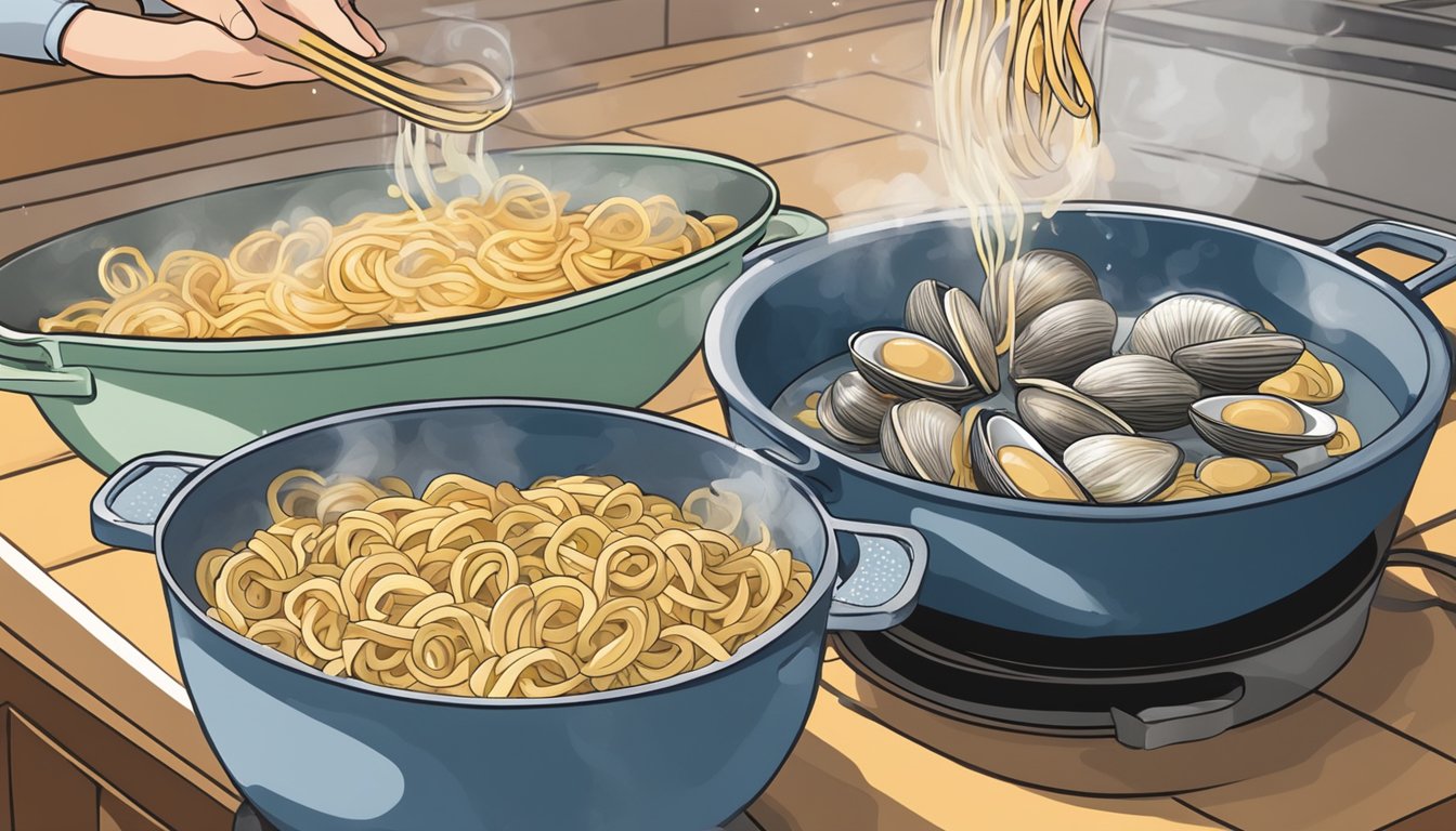 Fresh clams being added to a pot of boiling water, with linguine cooking in another pot, and a steaming bowl of clam sauce being poured over the pasta