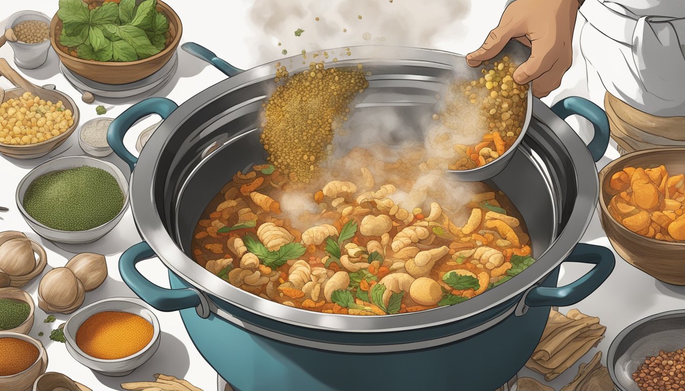 Tripe boiling in a large pot, steam rising, with a chef's hand adding spices. Another hand holding a ladle to serve menudo into bowls