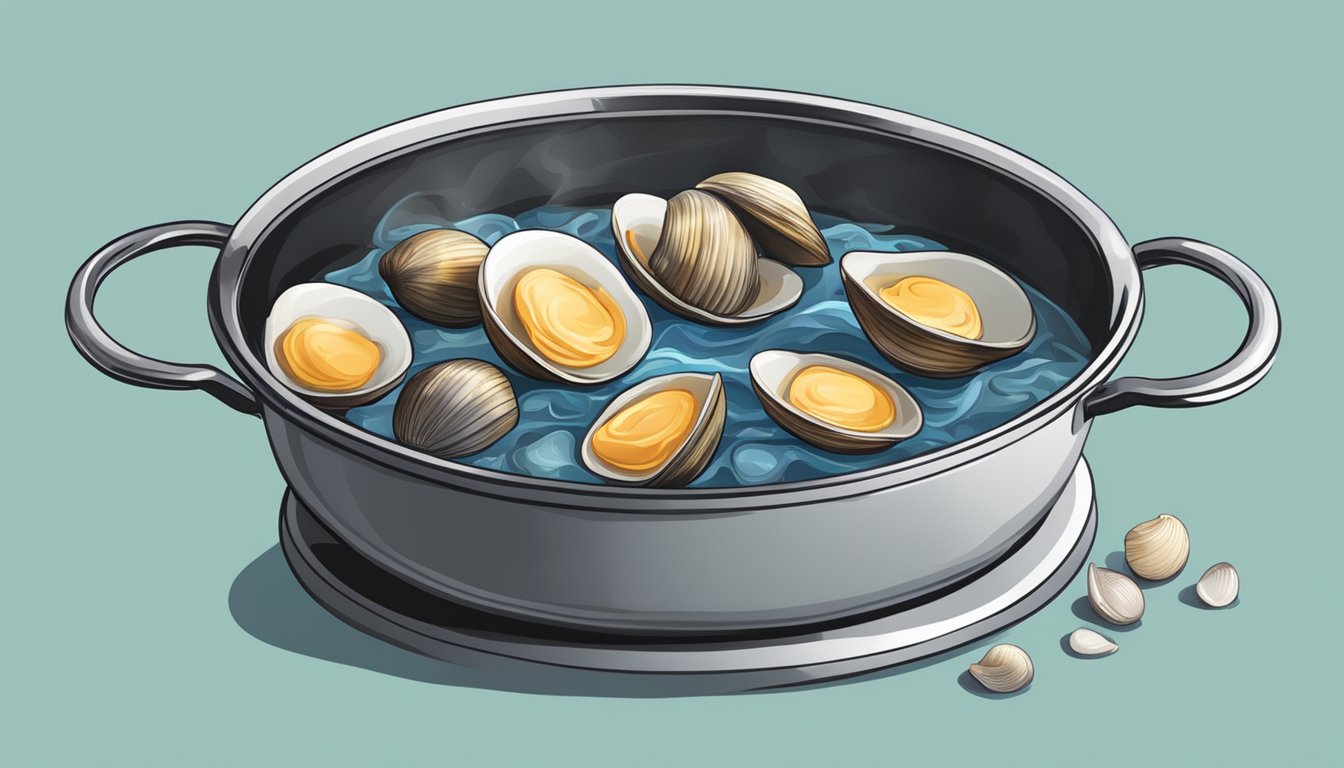 A pot of boiling water with fresh clams being added