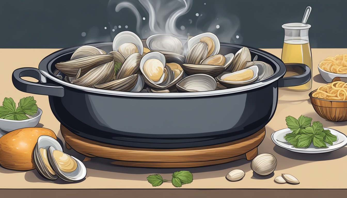 Fresh clams boiling in a pot of water, steam rising, with linguine and clam sauce ingredients nearby