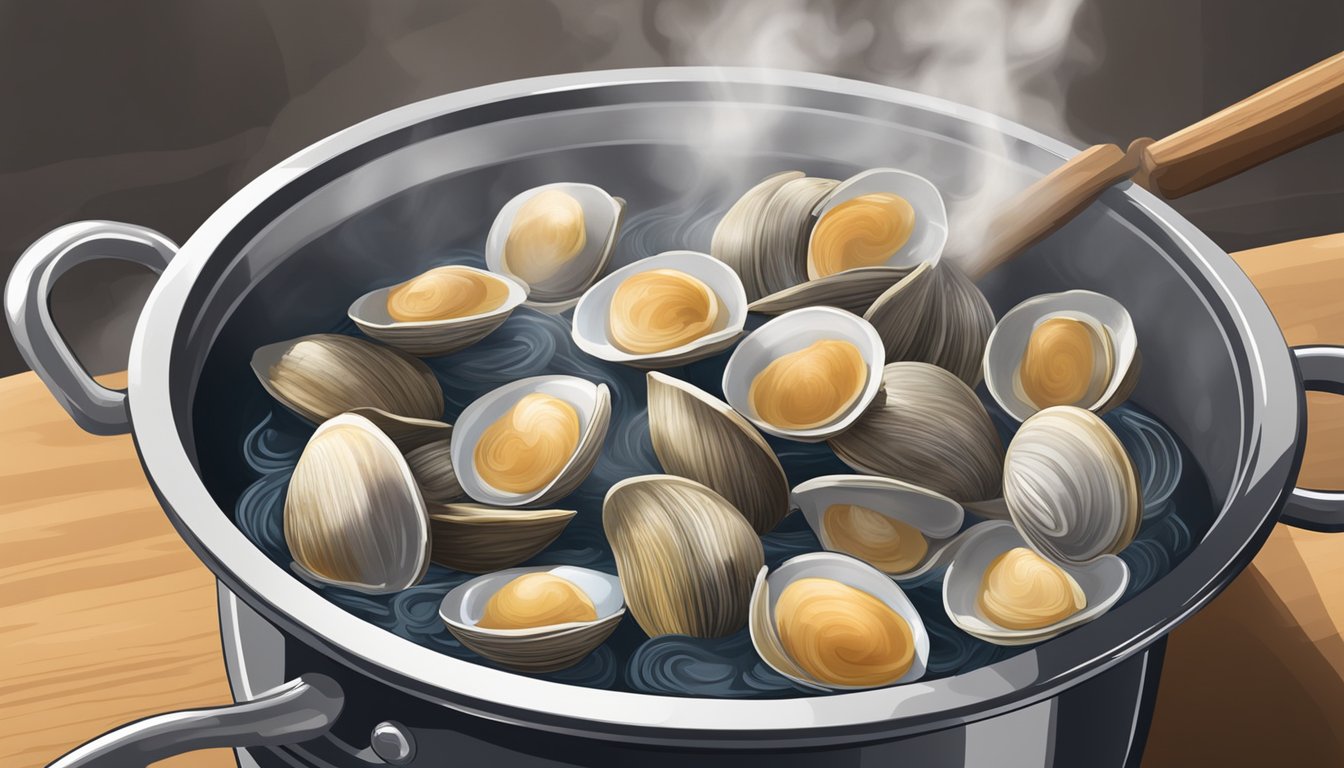 Fresh clams being gently boiled in a large pot of water, steam rising as they open, ready to be used in a linguine and clam sauce recipe