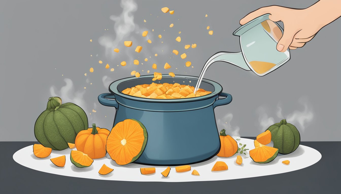 A pot of boiling water with chunks of kabocha squash being dropped in