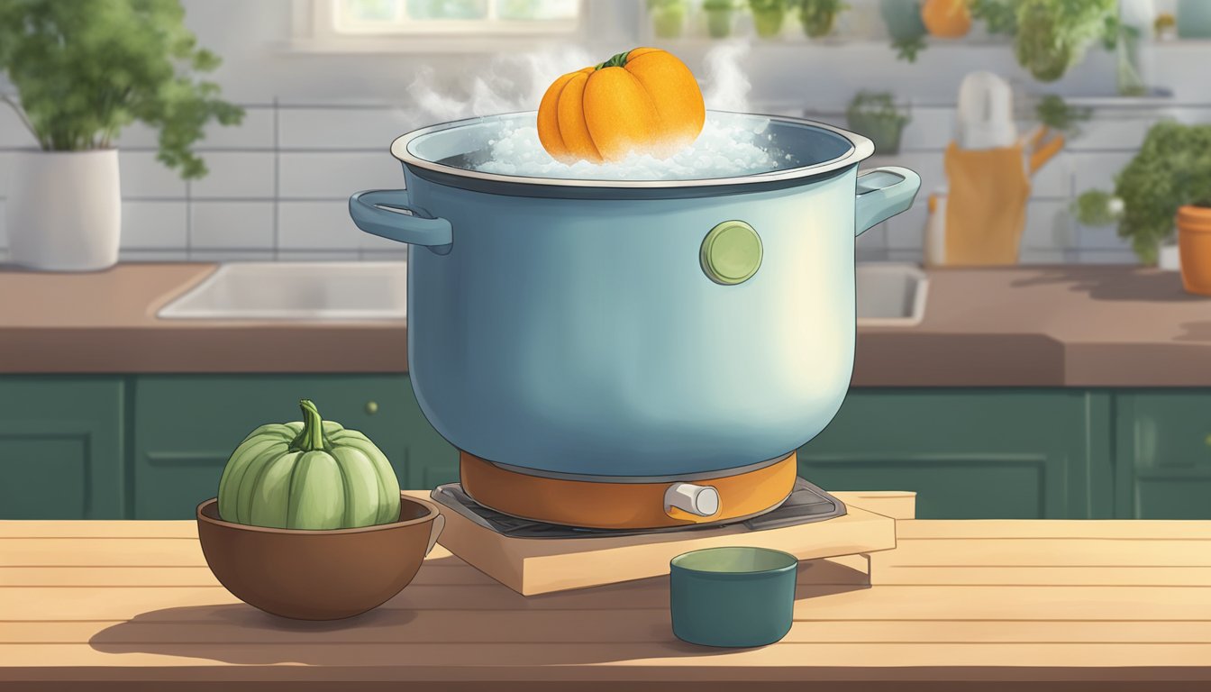 A pot of boiling water with a kabocha squash being lowered in