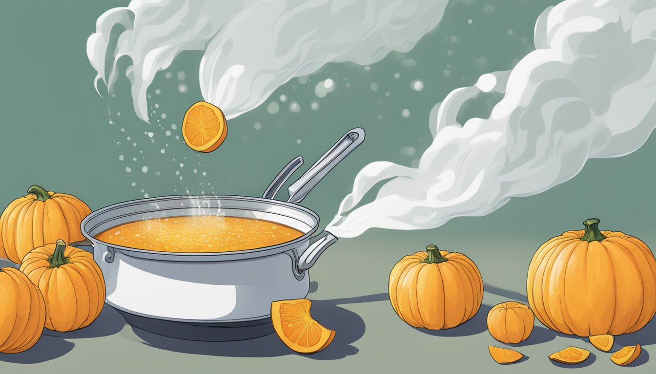 A pot of boiling water with a kabocha squash being dropped in