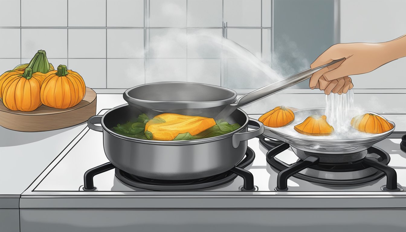 A pot of water boiling on a stove, with a kabocha squash being lowered into the water using a slotted spoon