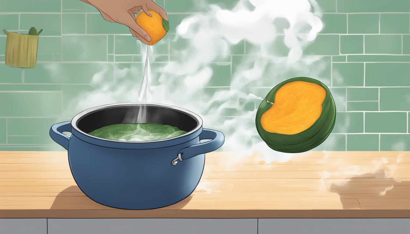 A pot of boiling water with kabocha squash being dropped in