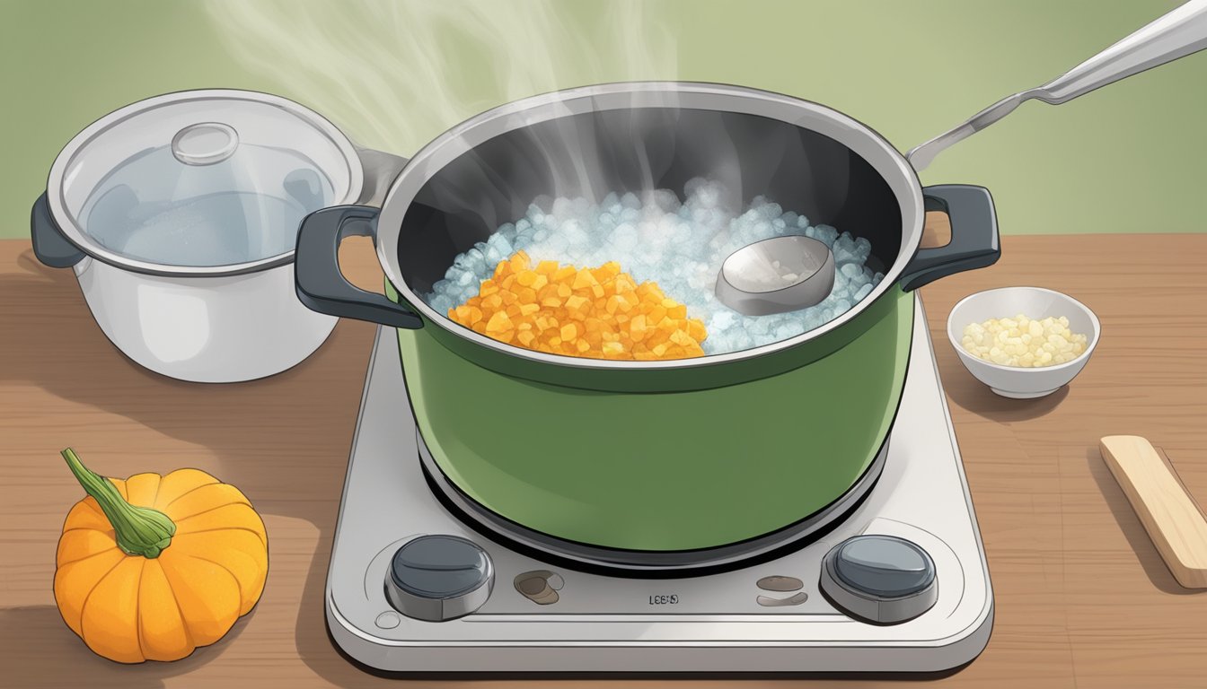 A pot of boiling water with chunks of kabocha squash being dropped in. A timer set for 15 minutes. A plate and fork nearby