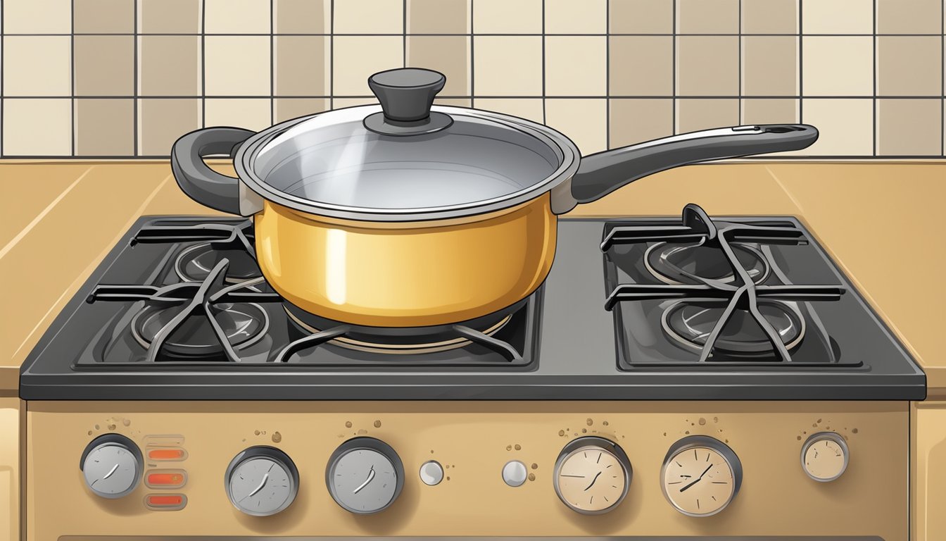 A pot of chickpeas boiling on a stove, steam rising, a timer set for the recommended cooking time