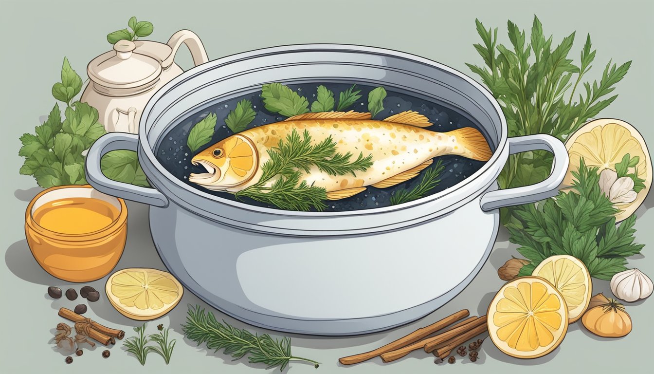 A pot of boiling water with a whole fresh cod submerged inside, surrounded by various herbs and spices