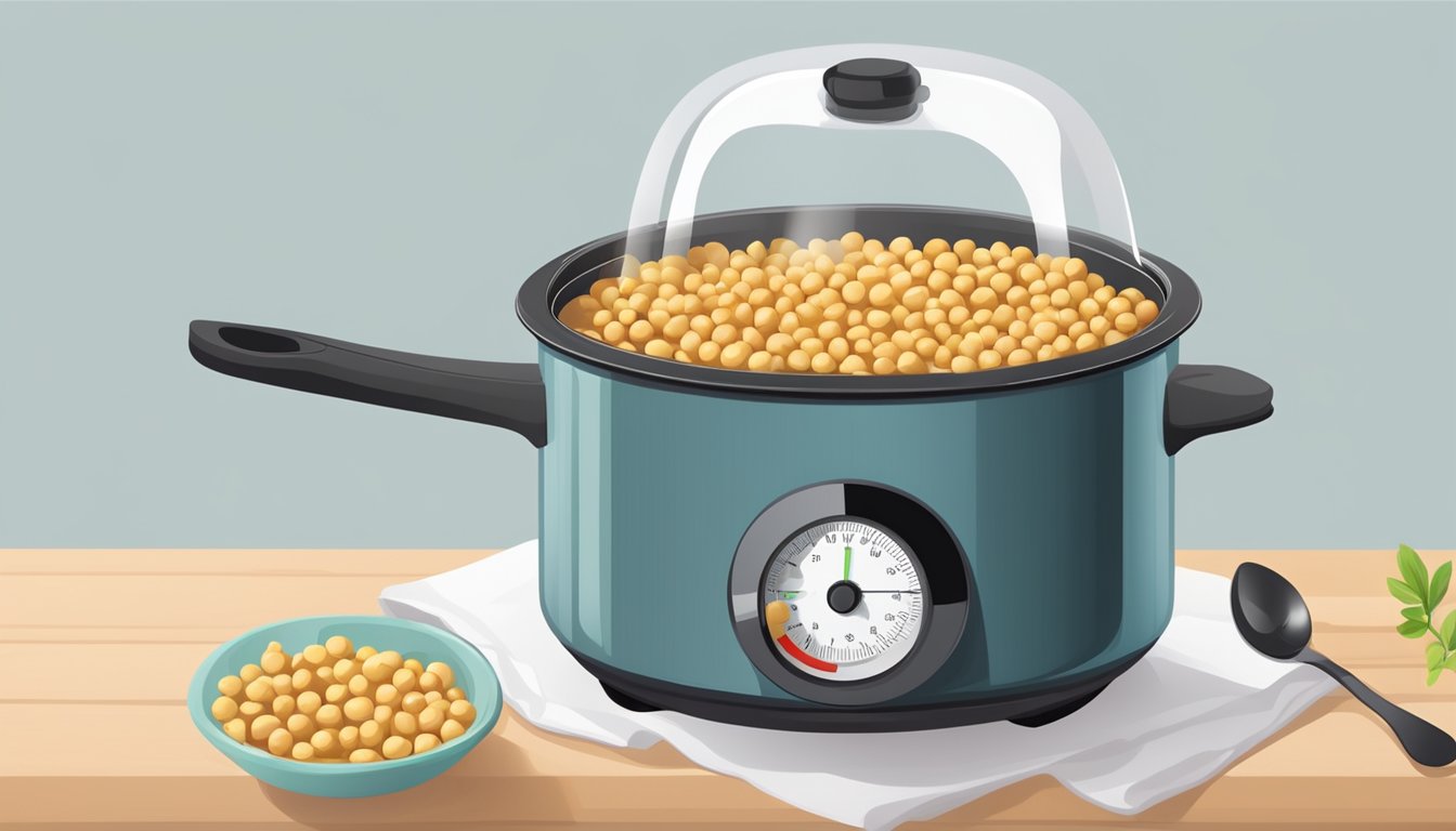 A pot of boiling water with chickpeas inside, a timer set to the recommended cooking time, and a fork testing the tenderness