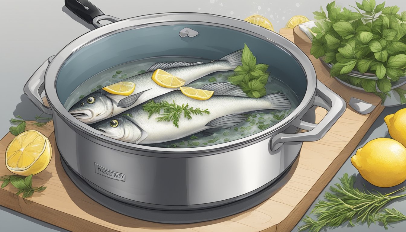 Fresh cod being carefully placed into a pot of boiling water, with a timer set nearby. A chef's knife and cutting board with lemon and herbs are also visible