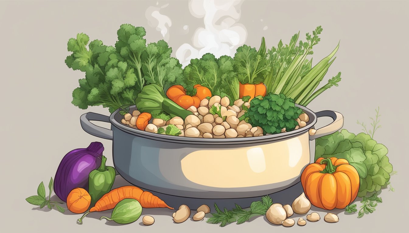 A pot of boiling water with garbanzo beans inside, steam rising, surrounded by various vegetables and herbs