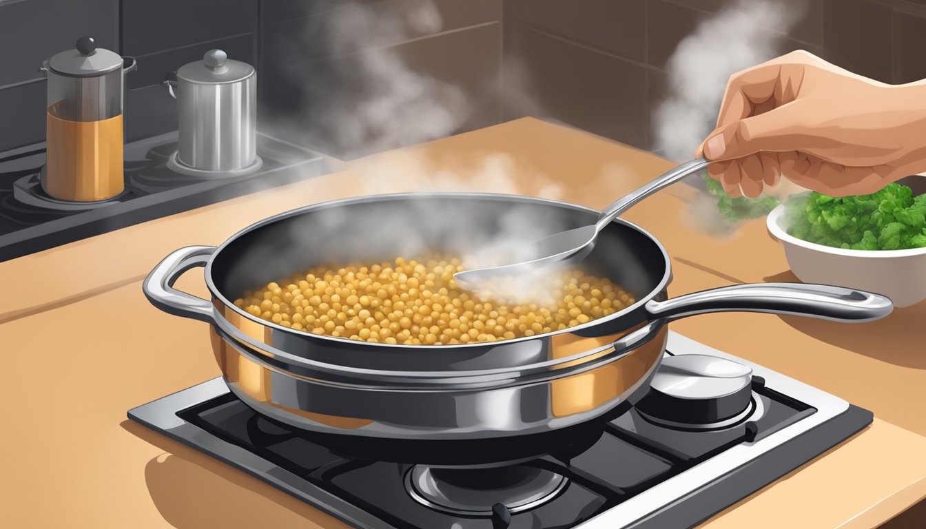 A pot of garbanzo beans boiling on the stove, steam rising as a timer ticks away. A chef's hand reaches for a spoon to check their tenderness