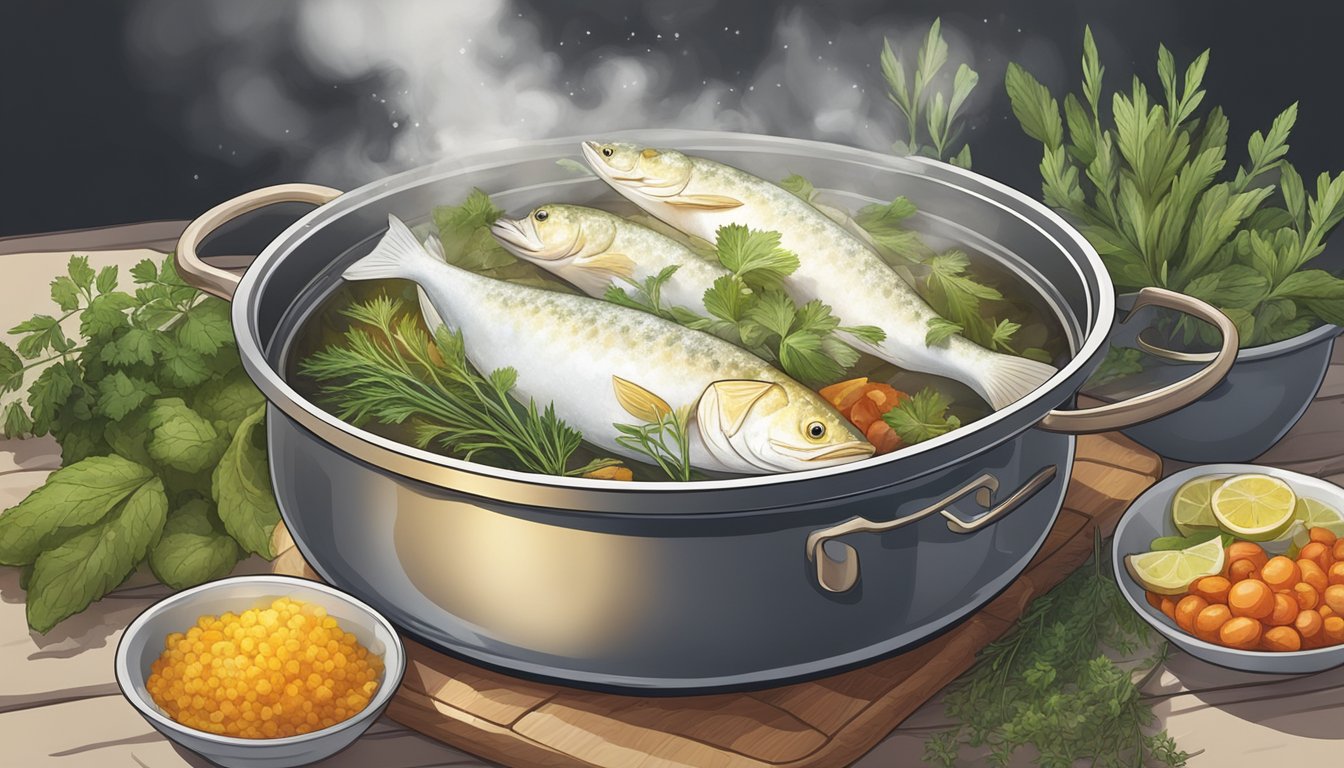 A pot of boiling water with fresh cod inside, surrounded by various herbs and spices