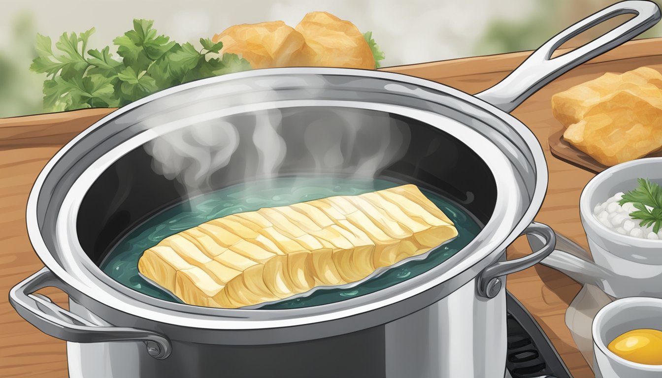 A pot of boiling water with a fresh cod fillet being gently lowered in