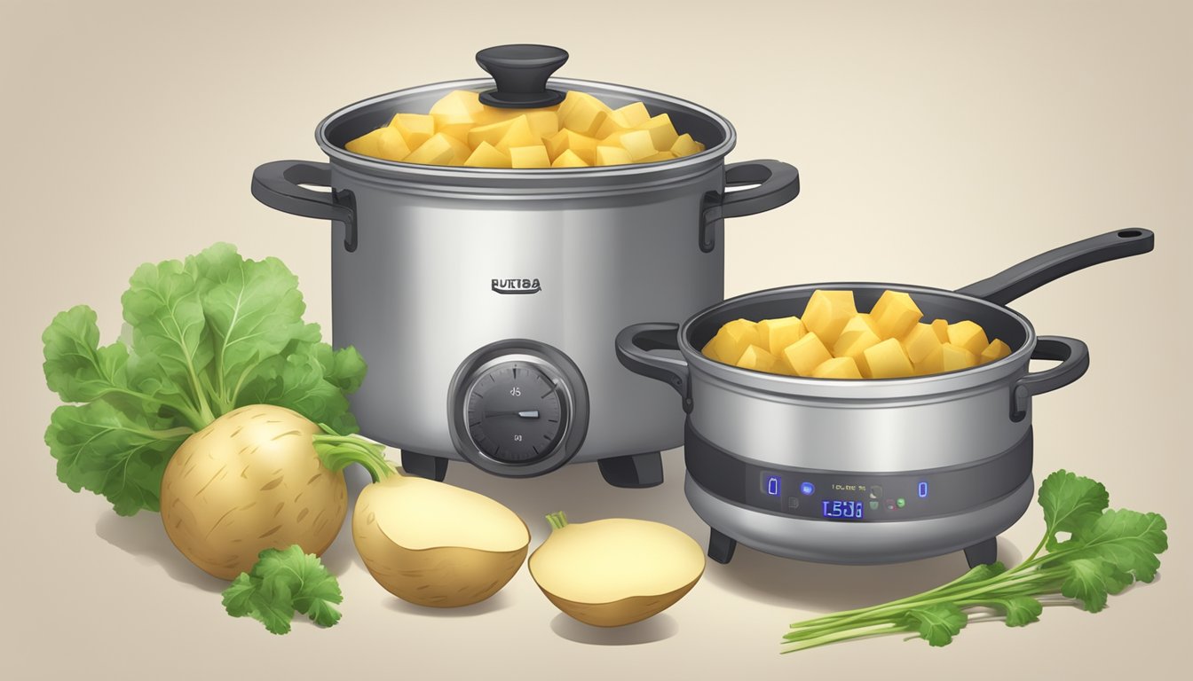 Rutabaga boiling in pot, steam rising, timer set, fork testing tenderness