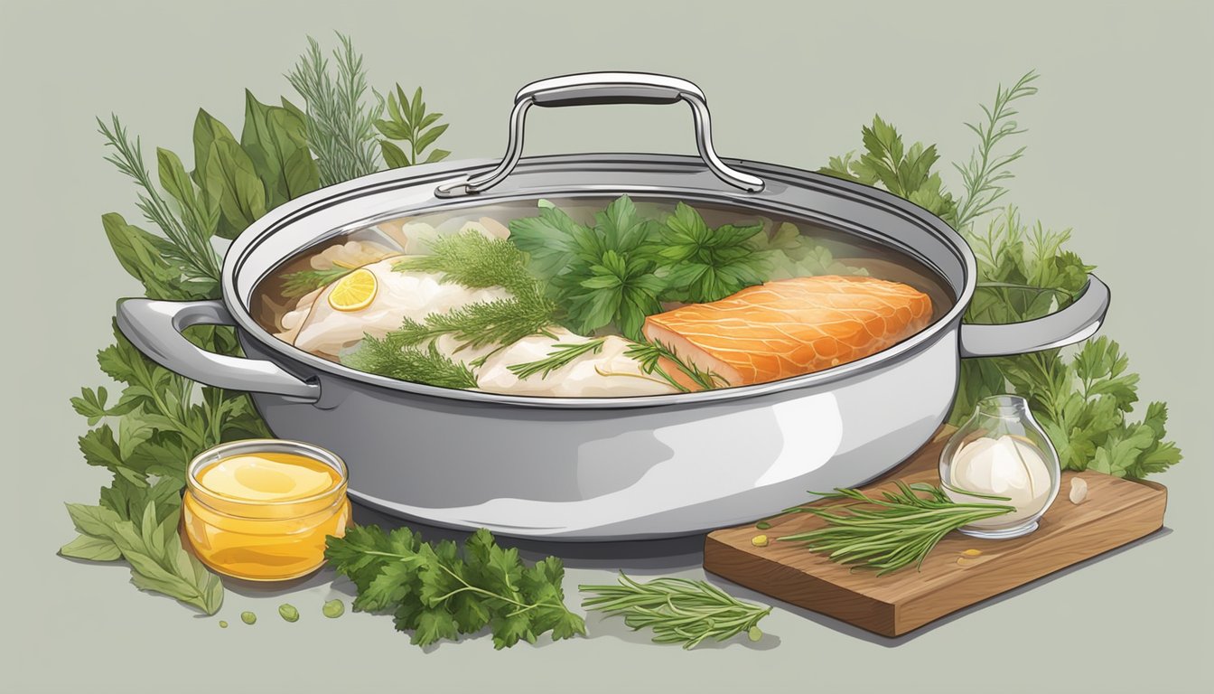 A pot of boiling water with fresh cod gently simmering inside, surrounded by various herbs and seasonings