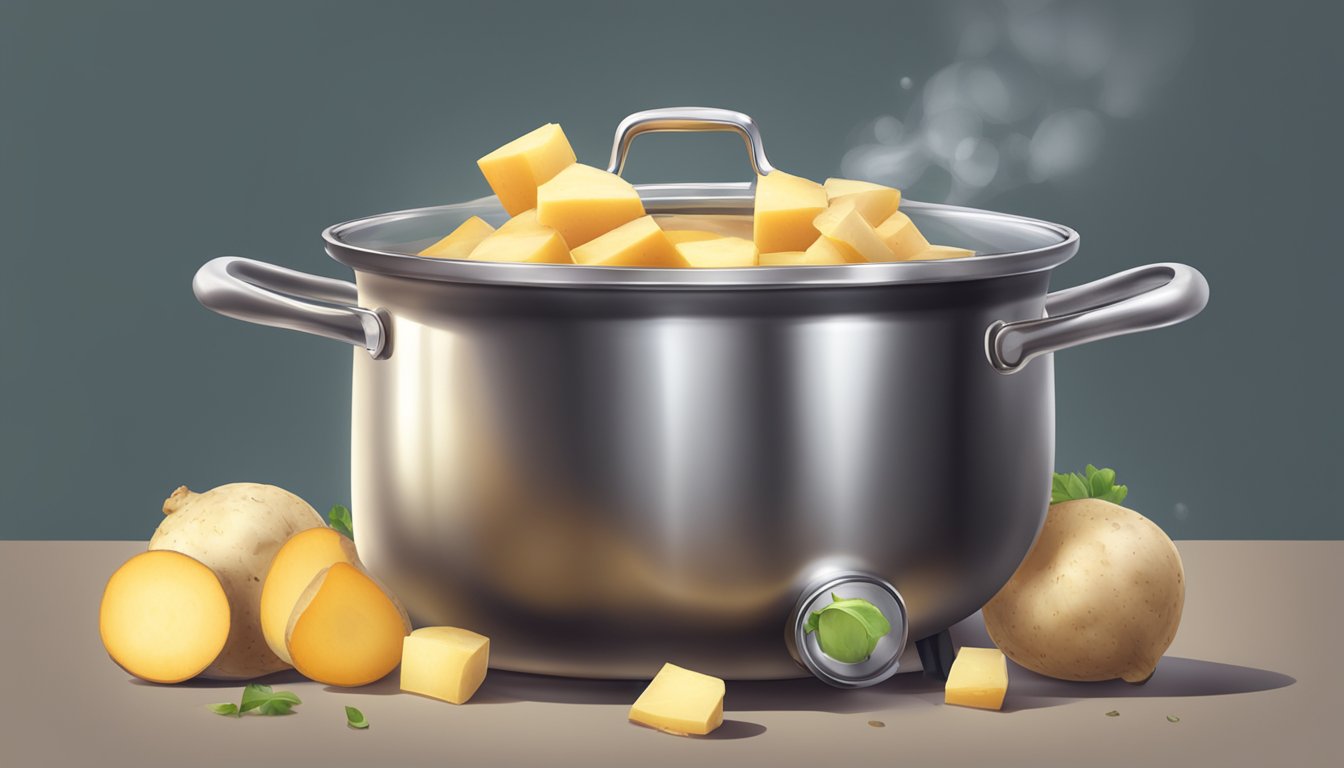 A pot of boiling water with chunks of rutabaga cooking to perfection for mashes and stews