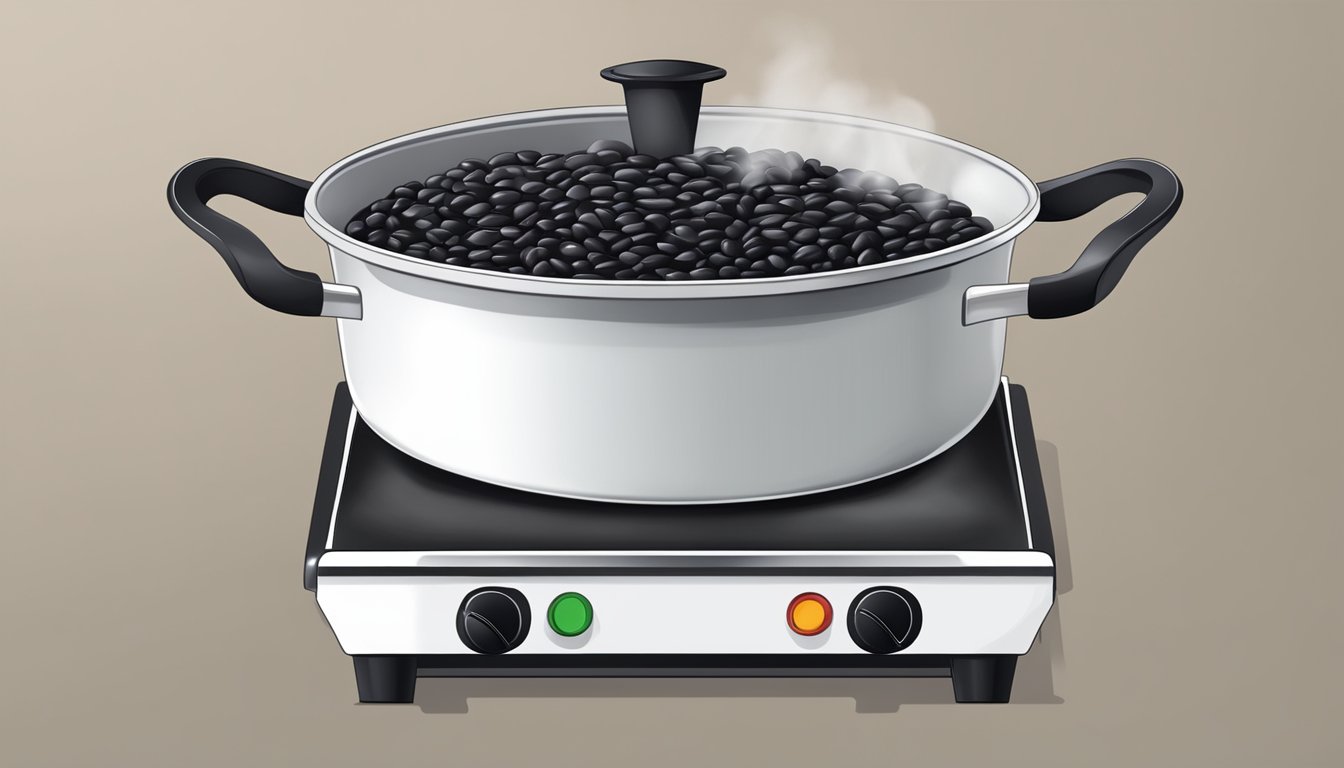 A pot of fresh black beans boiling on the stove