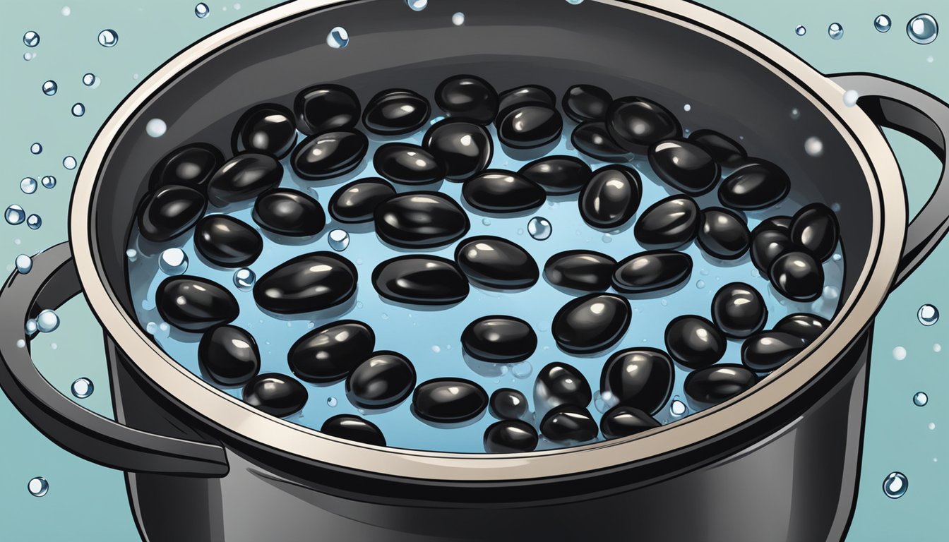 Fresh black beans sitting in a pot of water on a stovetop, bubbles rising as the water begins to boil