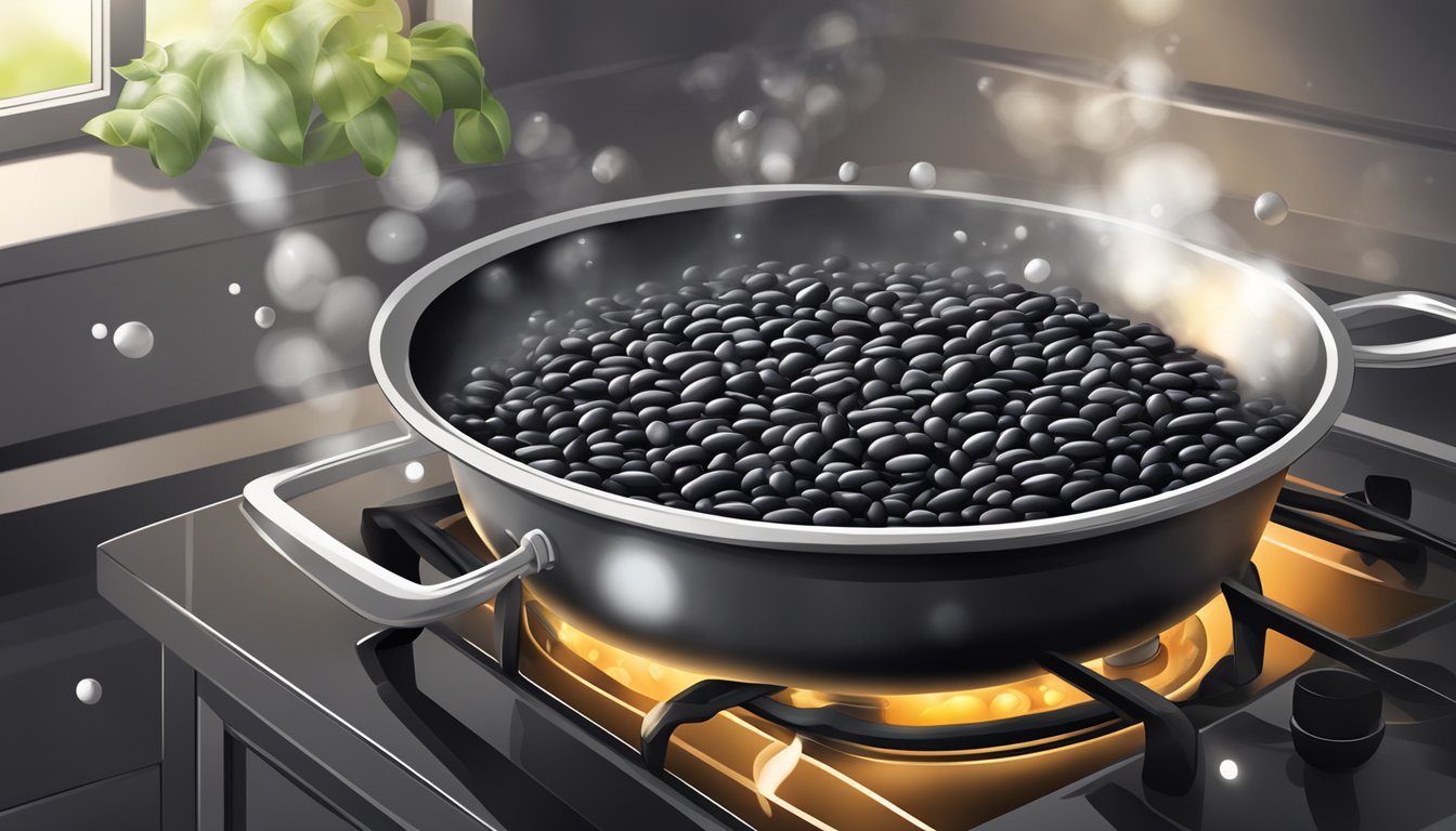 Fresh black beans boiling in a pot of water on a stove. Steam rising, bubbles forming, and the beans softening as they release their rich flavor