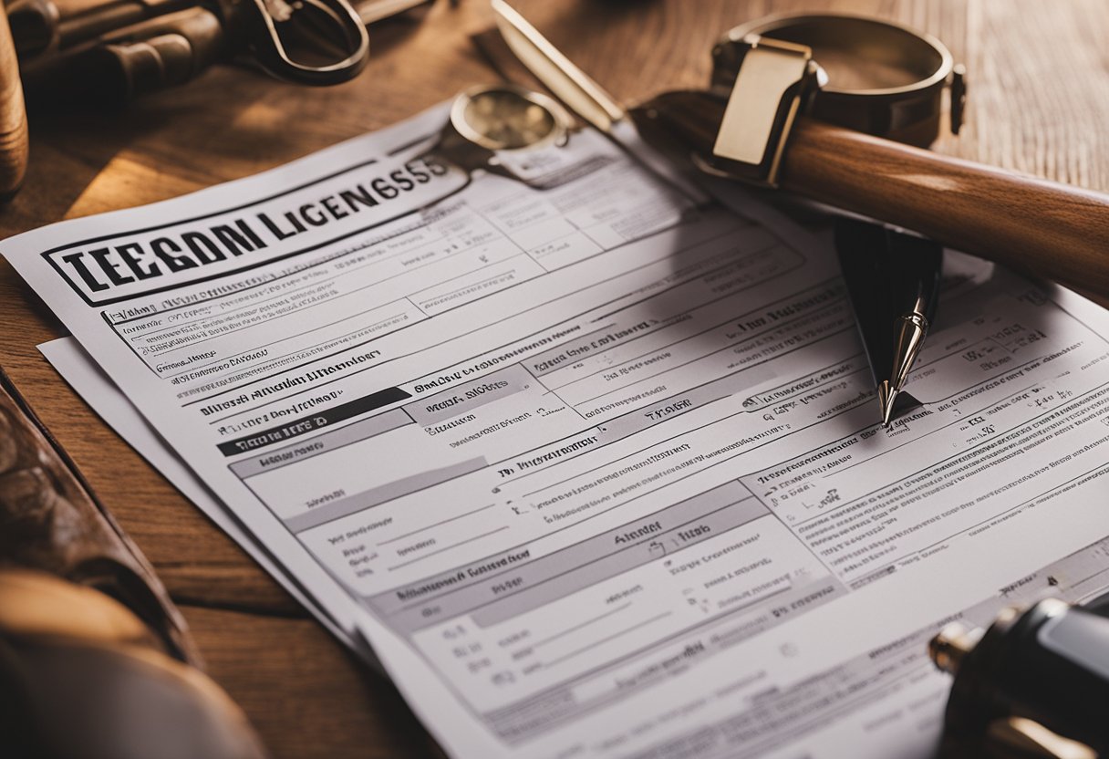 A hunter filling out a Texas hunting license application form at a wooden desk with a pen and various documents spread out in front of them
