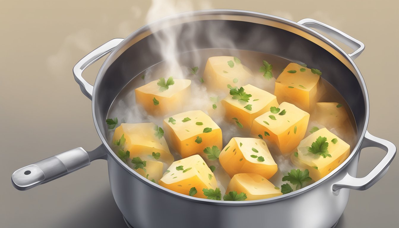 A pot of boiling water with chunks of rutabaga submerged, steam rising