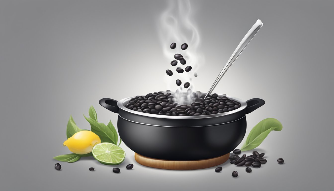 A pot of boiling water with fresh black beans being added