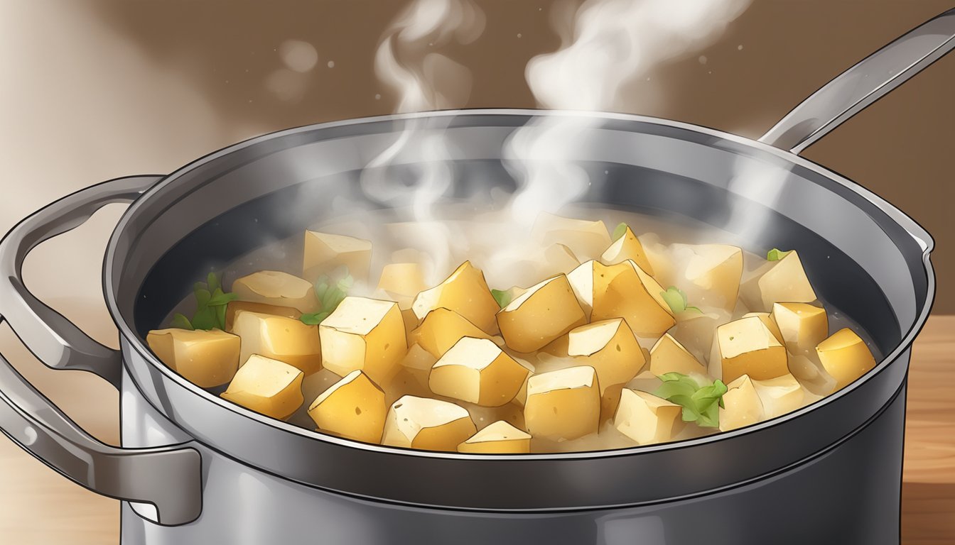 A pot of boiling water with chunks of rutabaga cooking to perfection