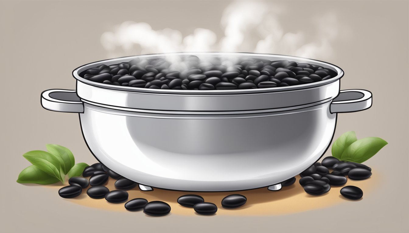 A pot of boiling water with fresh black beans inside, steam rising