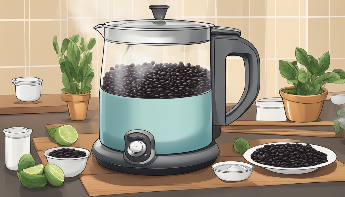 A pot of boiling water with fresh black beans being added