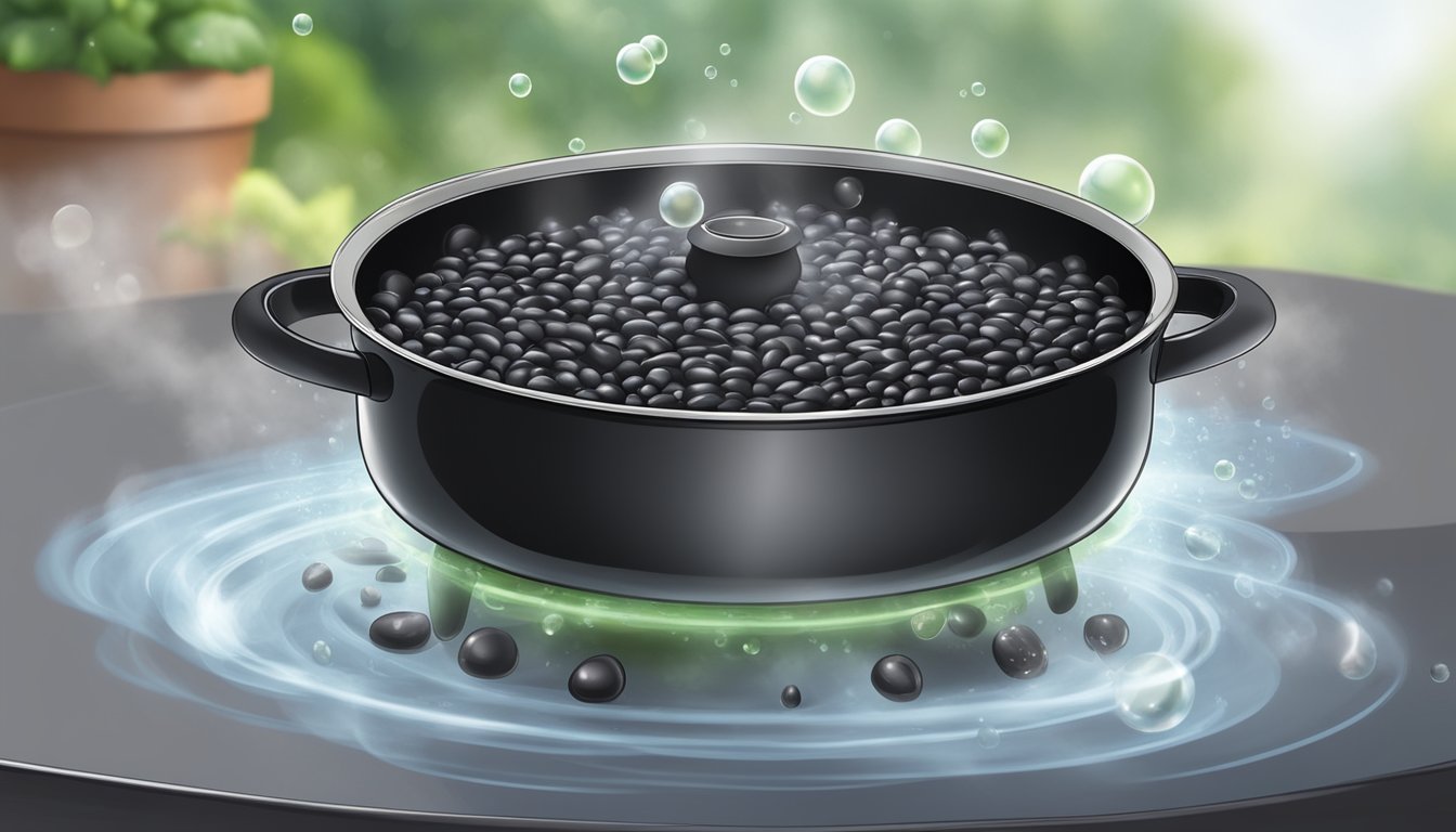 A pot of fresh black beans boiling on a stovetop, steam rising and bubbles forming on the surface