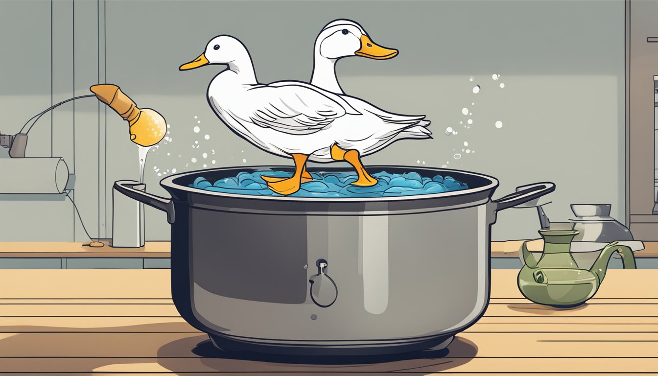 A pot of boiling water with a whole duck being lowered in