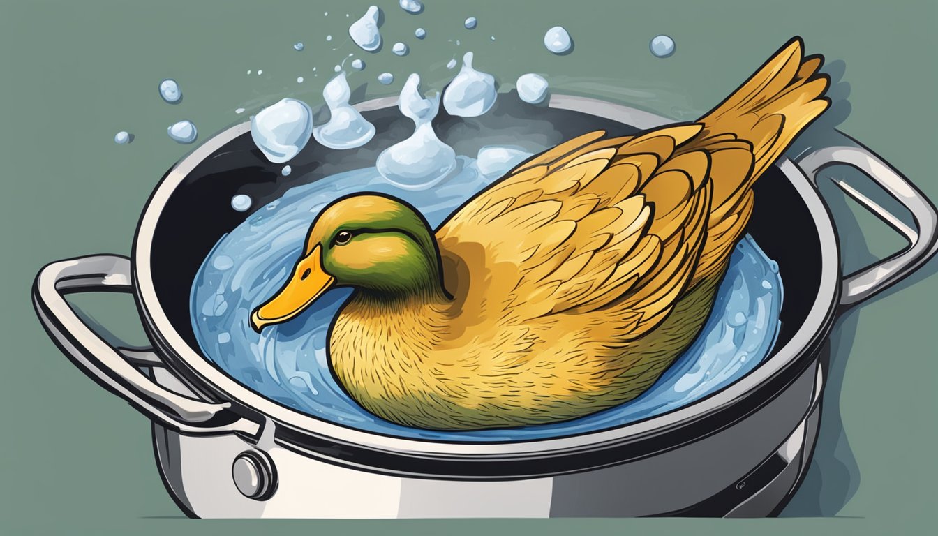 A large pot of water on a stovetop, with a whole duck being submerged and boiling vigorously